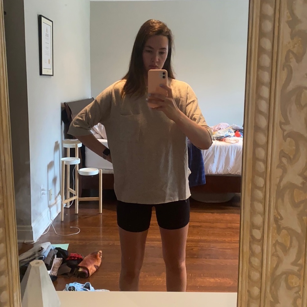 Beige Oversized T-Shirt with Pocket Knit Material Brown Oversized T-Shirt Sz S